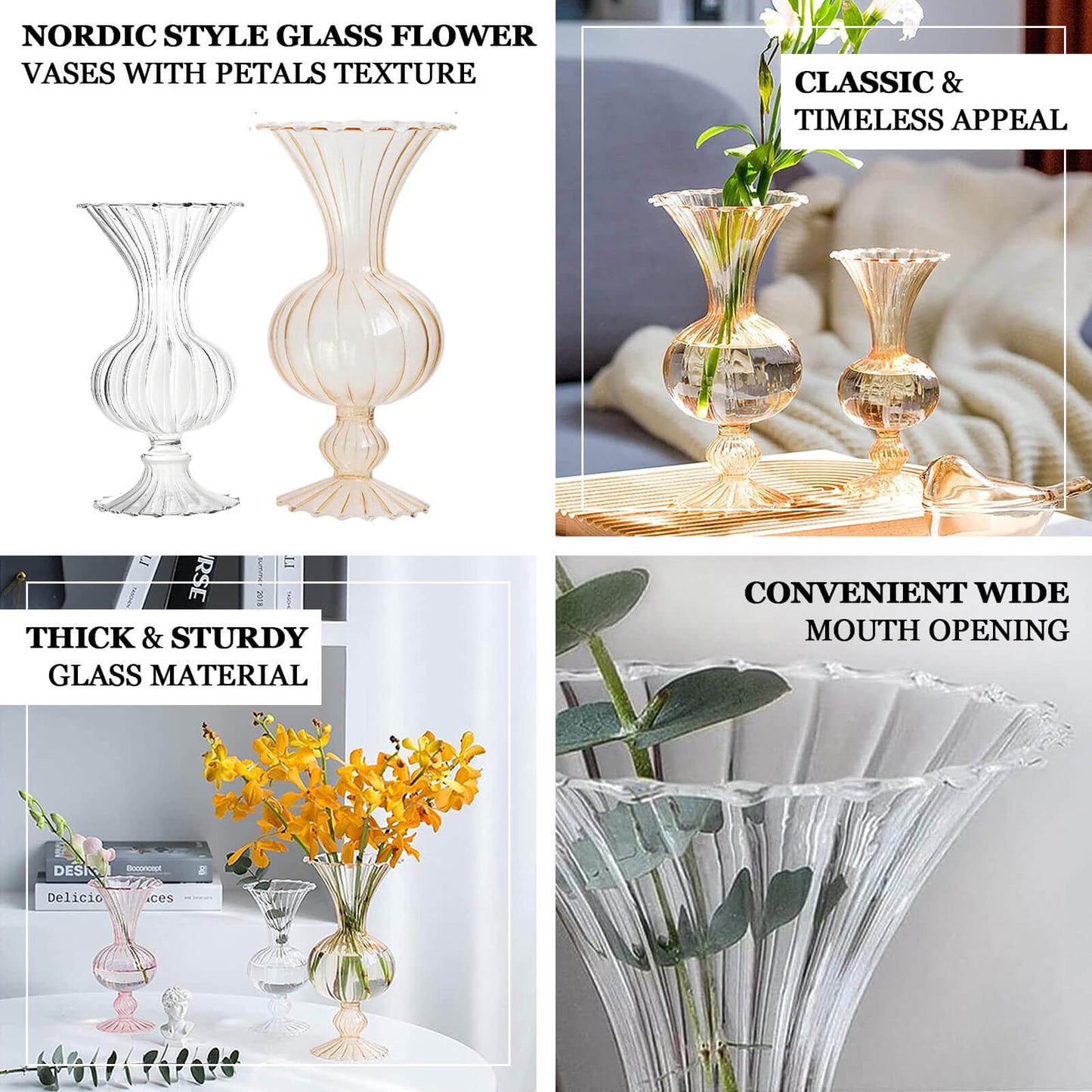 Set of 4 Amber Gold Vintage Nordic Glass Flower Vases with Petals Texture, Transparent Bud Vase Centerpiece Floral Arrangements - 7",9"