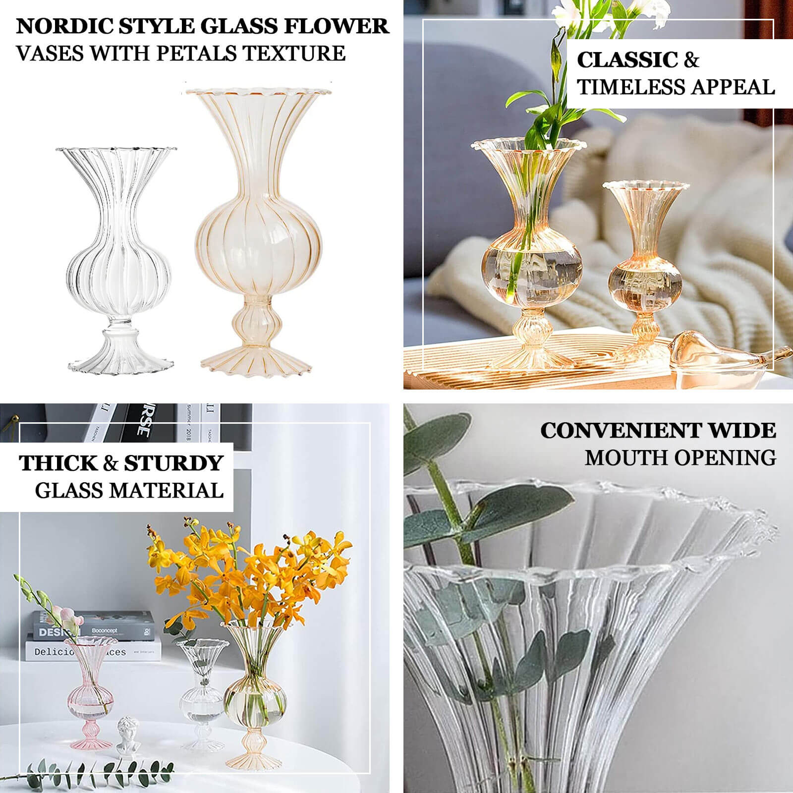 Set of 4 Amber Gold Vintage Nordic Glass Flower Vases with Petals Texture, Transparent Bud Vase Centerpiece Floral Arrangements - 7",9"