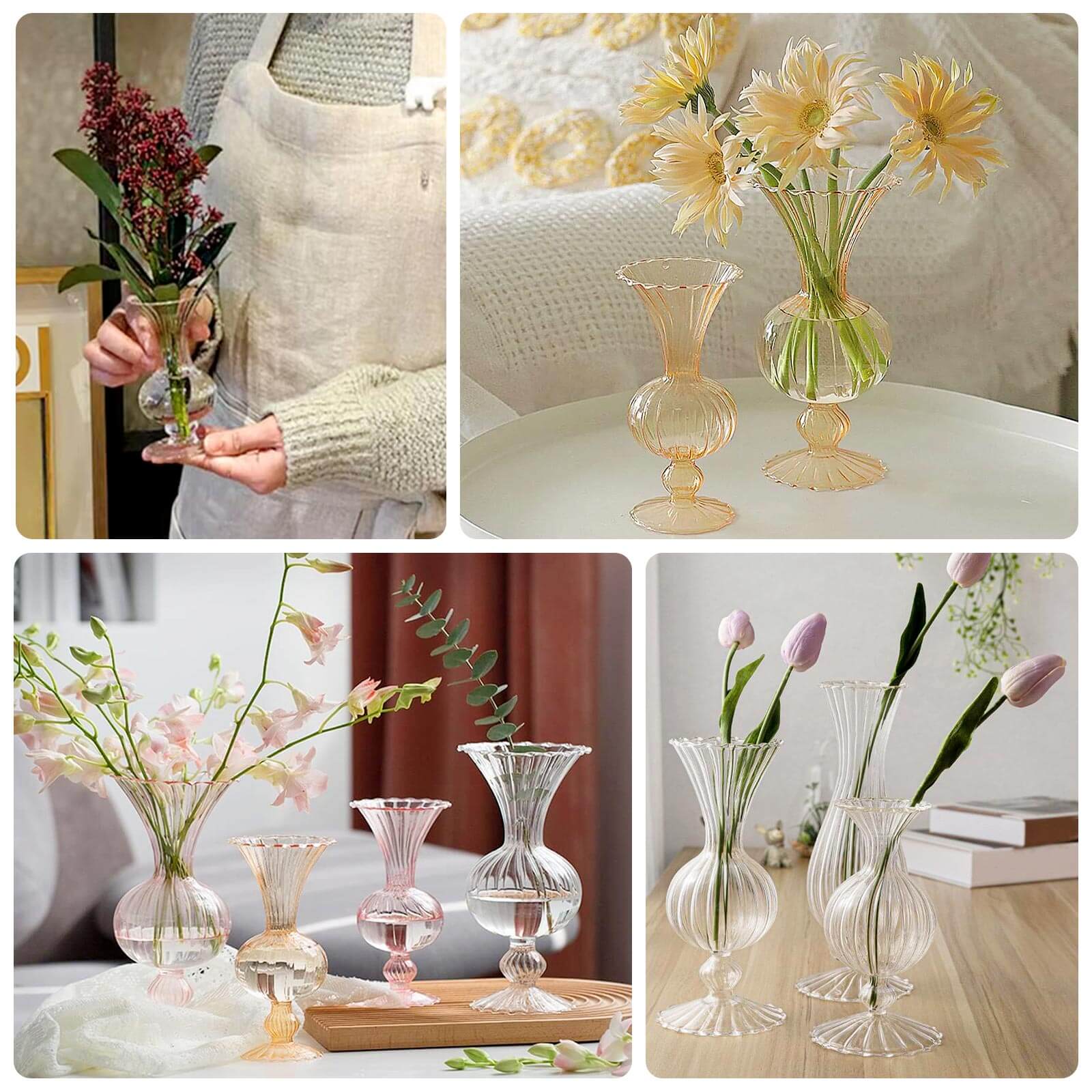 Set of 4 Clear Vintage Nordic Glass Flower Vases with Petals Texture, Transparent Bud Vase Centerpiece Floral Arrangements - 7",9"