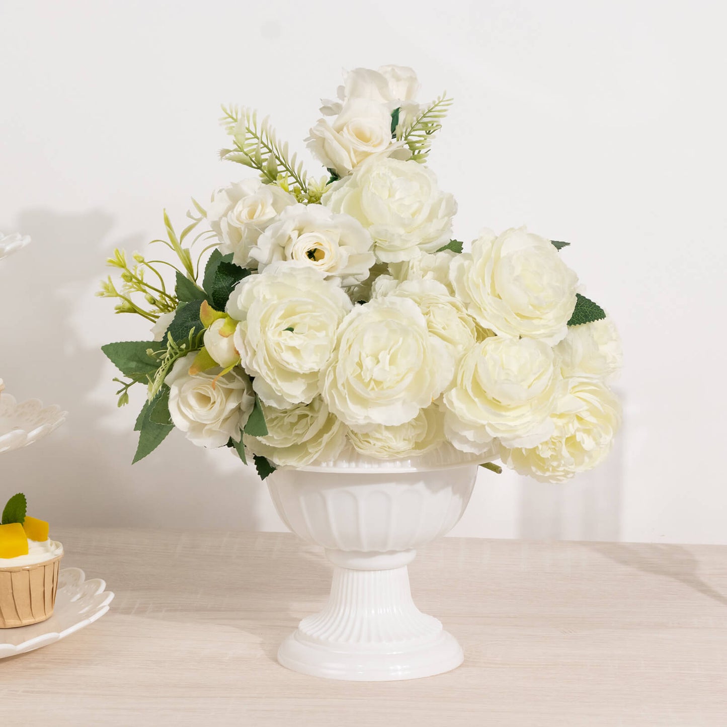 4 Pack White Roman Style Plastic Urn Planter Flower Pots, Classic Floral Pedestal Vase Table Centerpieces - 6"