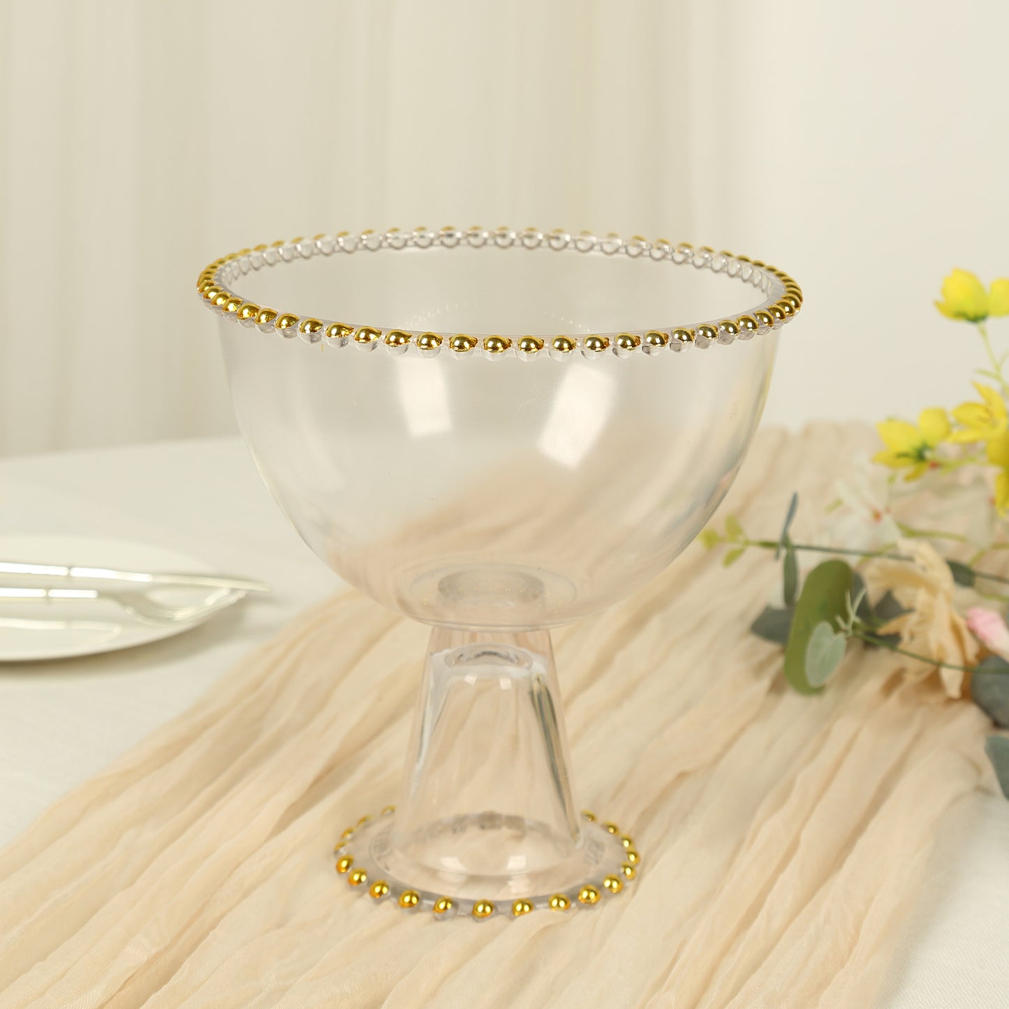 8" Clear Footed Glass Trifle Bowl Dessert Display Stand With Gold Beaded Rim, Compote Pedestal Bowl Flower Vase