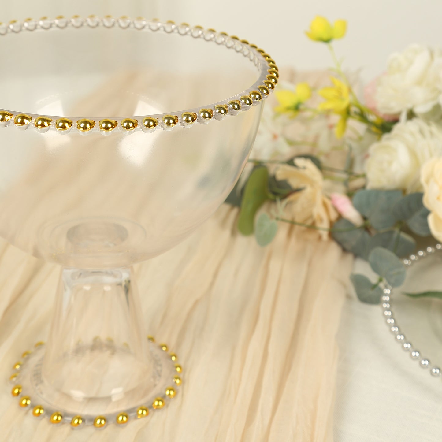 8" Clear Footed Glass Trifle Bowl Dessert Display Stand With Gold Beaded Rim, Compote Pedestal Bowl Flower Vase