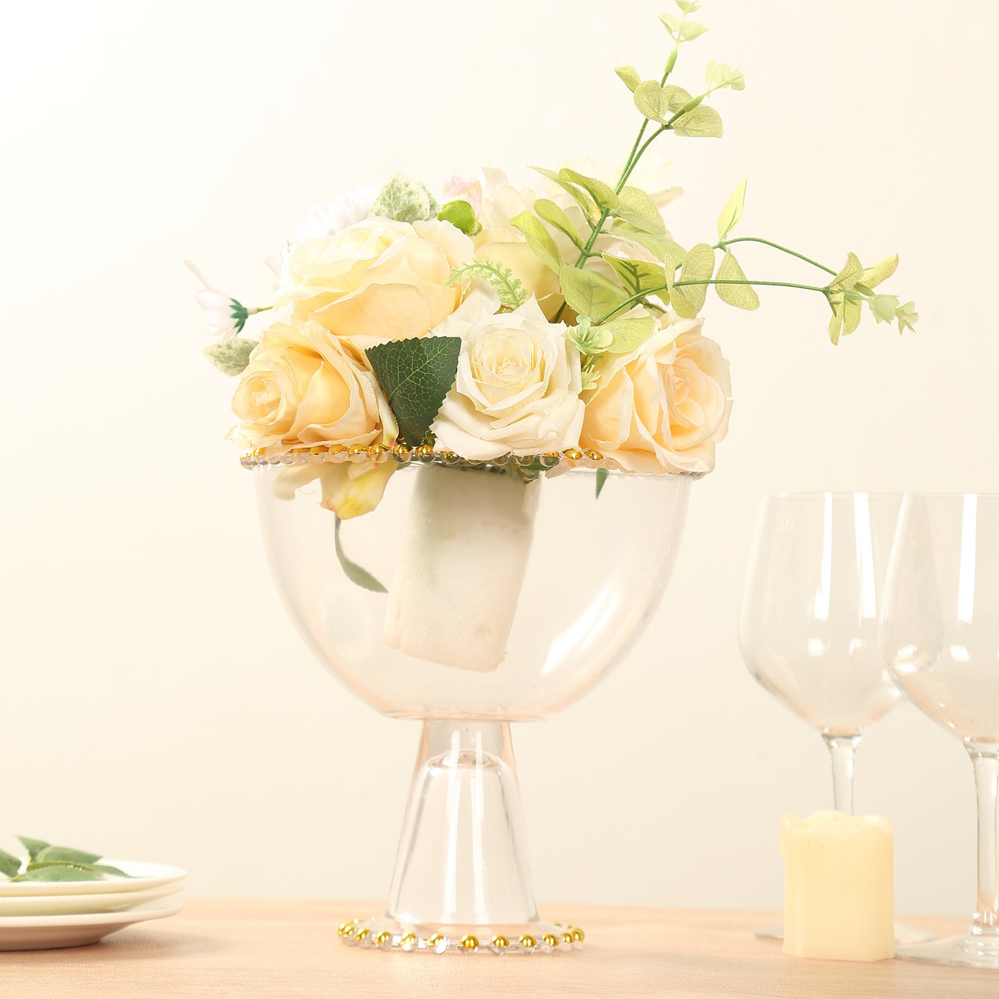 8" Clear Footed Glass Trifle Bowl Dessert Display Stand With Gold Beaded Rim, Compote Pedestal Bowl Flower Vase