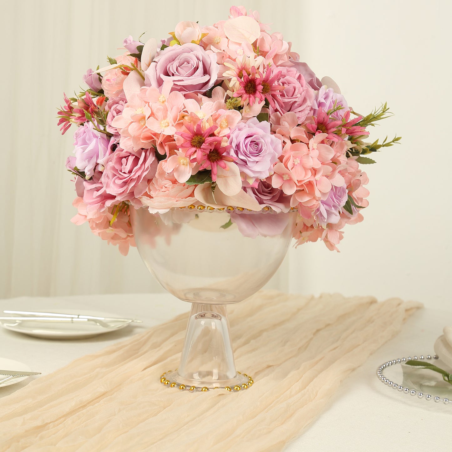 8" Clear Footed Glass Trifle Bowl Dessert Display Stand With Gold Beaded Rim, Compote Pedestal Bowl Flower Vase