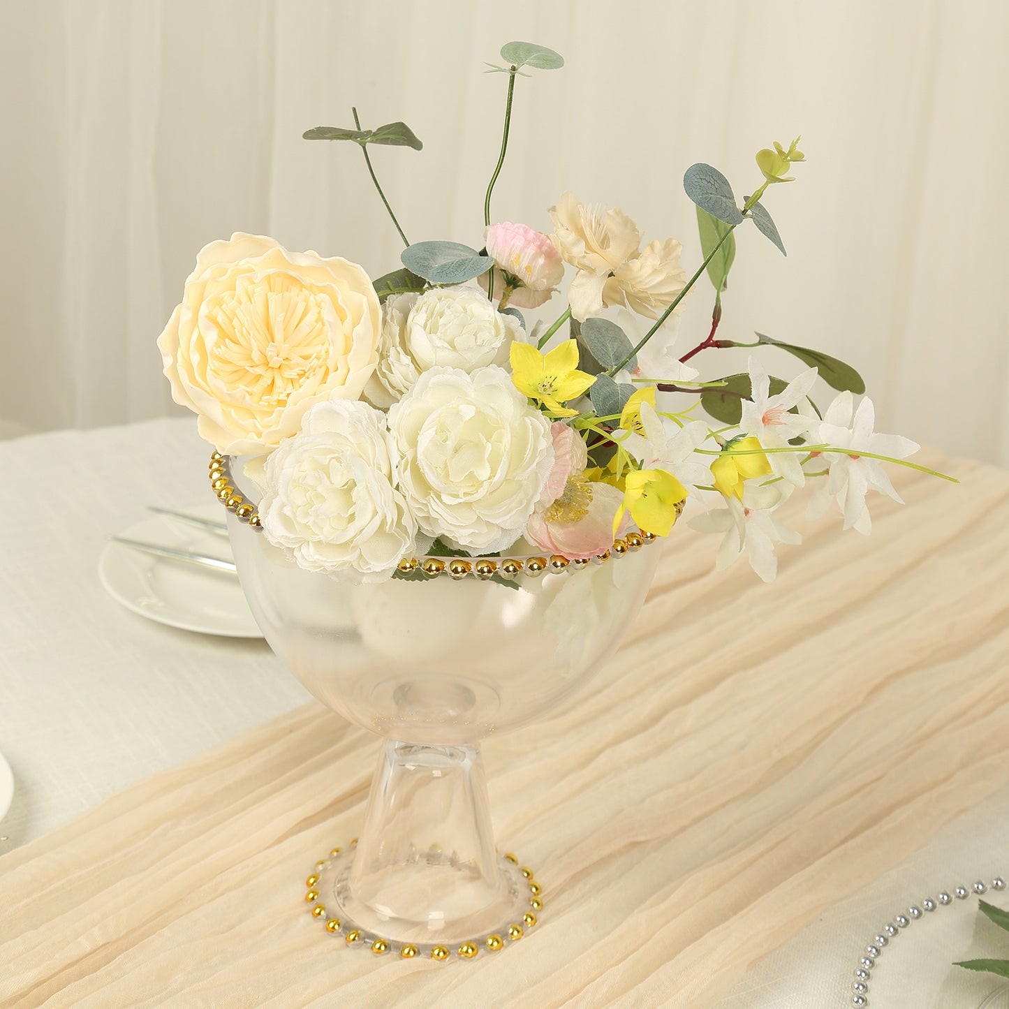 8" Clear Footed Glass Trifle Bowl Dessert Display Stand With Gold Beaded Rim, Compote Pedestal Bowl Flower Vase