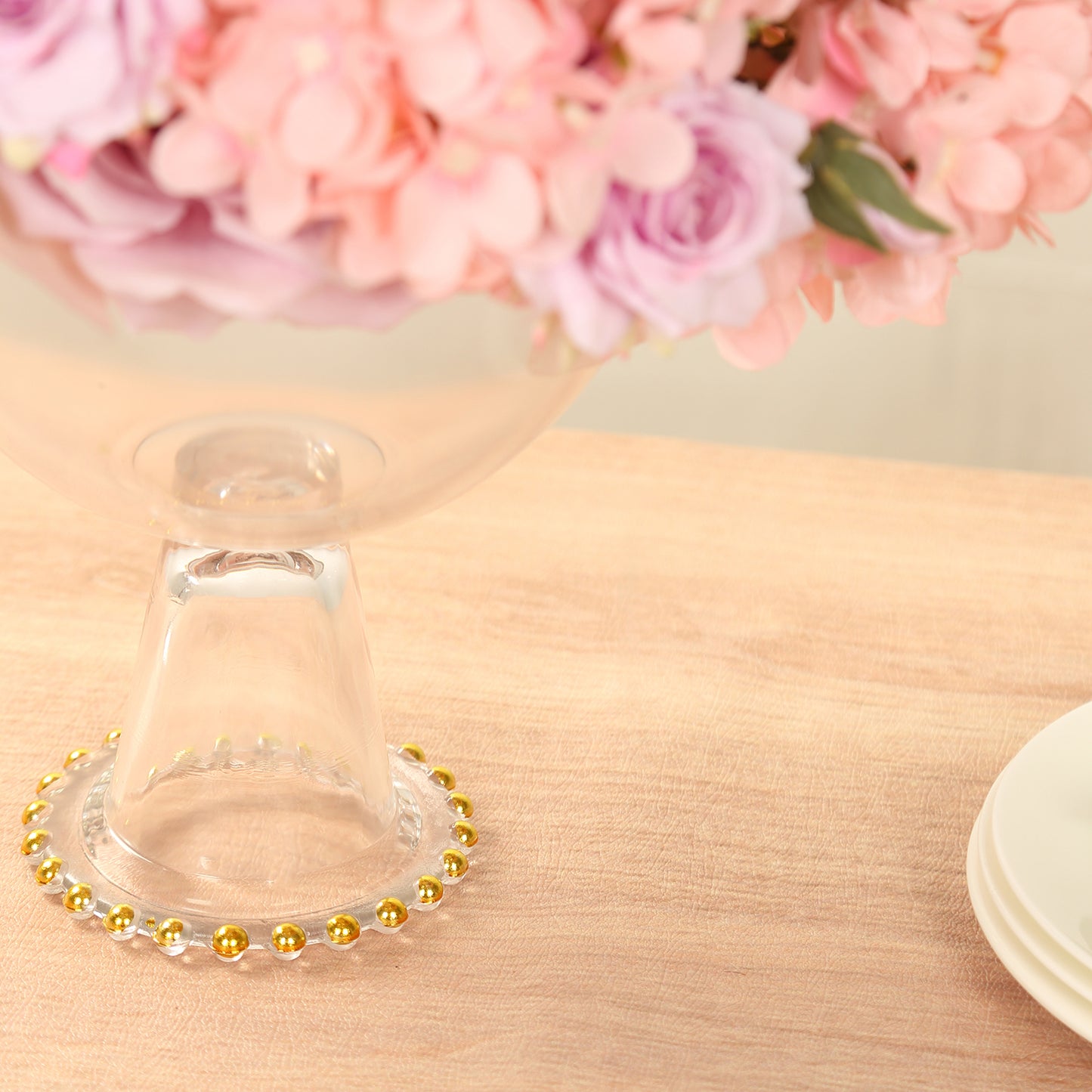 8" Clear Footed Glass Trifle Bowl Dessert Display Stand With Gold Beaded Rim, Compote Pedestal Bowl Flower Vase