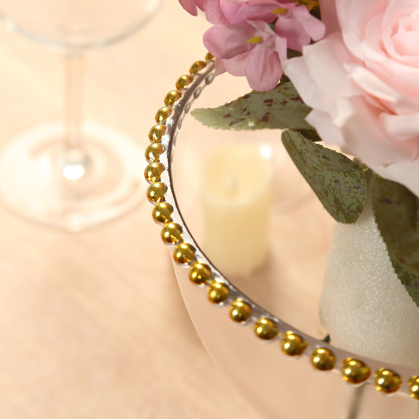 8" Clear Footed Glass Trifle Bowl Dessert Display Stand With Gold Beaded Rim, Compote Pedestal Bowl Flower Vase