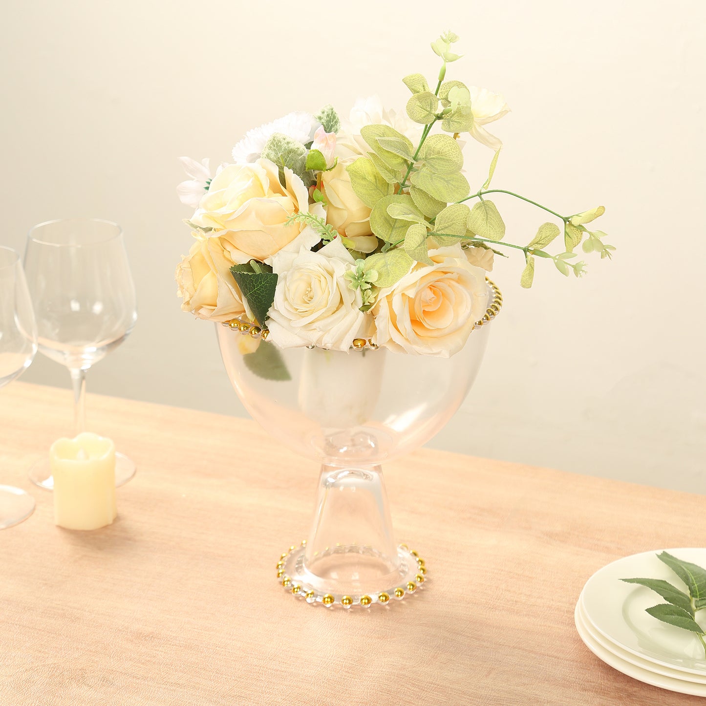 8" Clear Footed Glass Trifle Bowl Dessert Display Stand With Gold Beaded Rim, Compote Pedestal Bowl Flower Vase