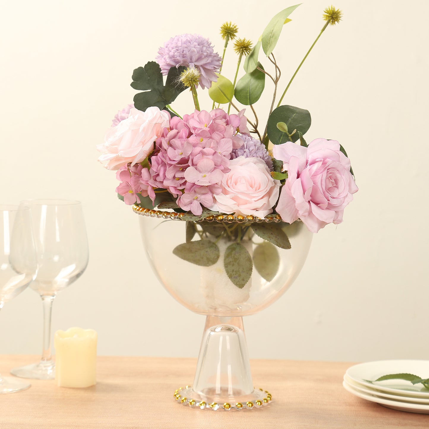 8" Clear Footed Glass Trifle Bowl Dessert Display Stand With Gold Beaded Rim, Compote Pedestal Bowl Flower Vase