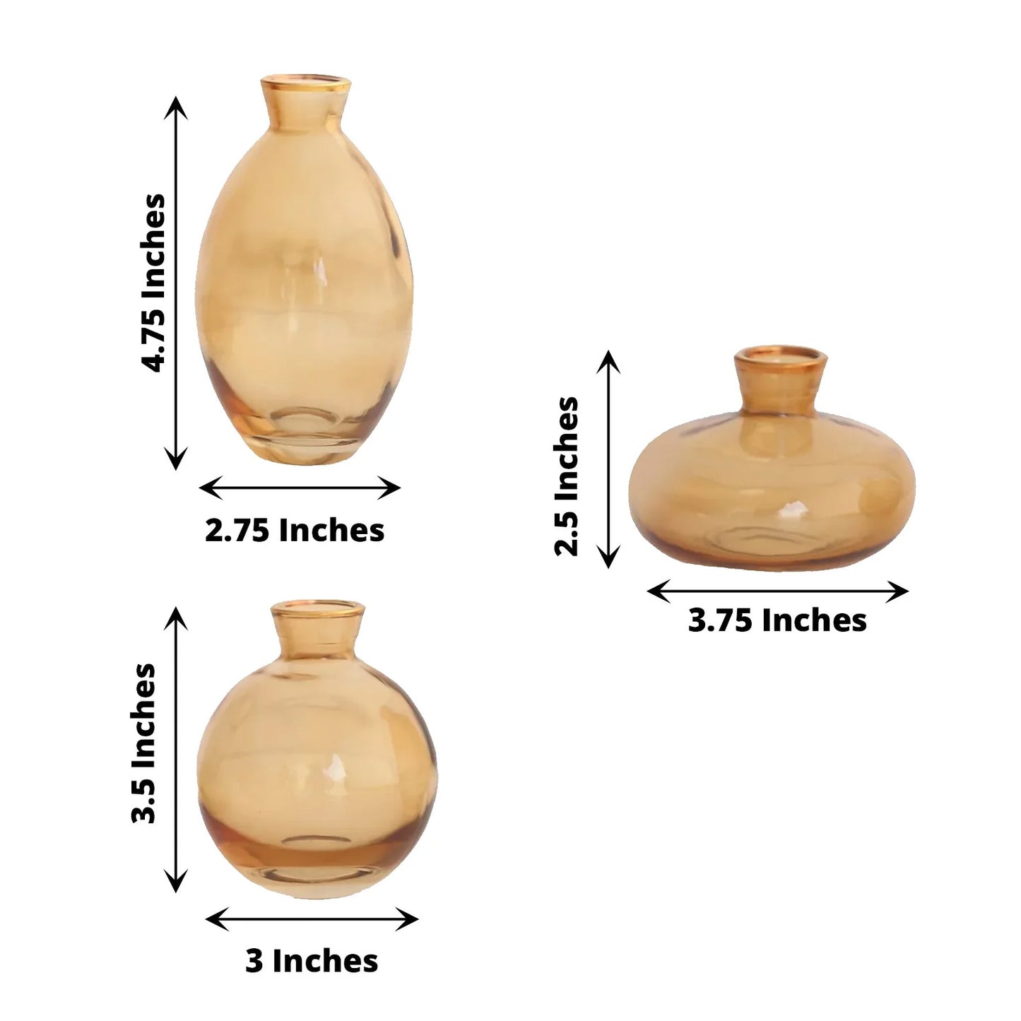 Set of 3 Small Gold Glass Flower Vases With Metallic Gold Rim, Modern Bud Vase Table Centerpieces - Assorted Sizes