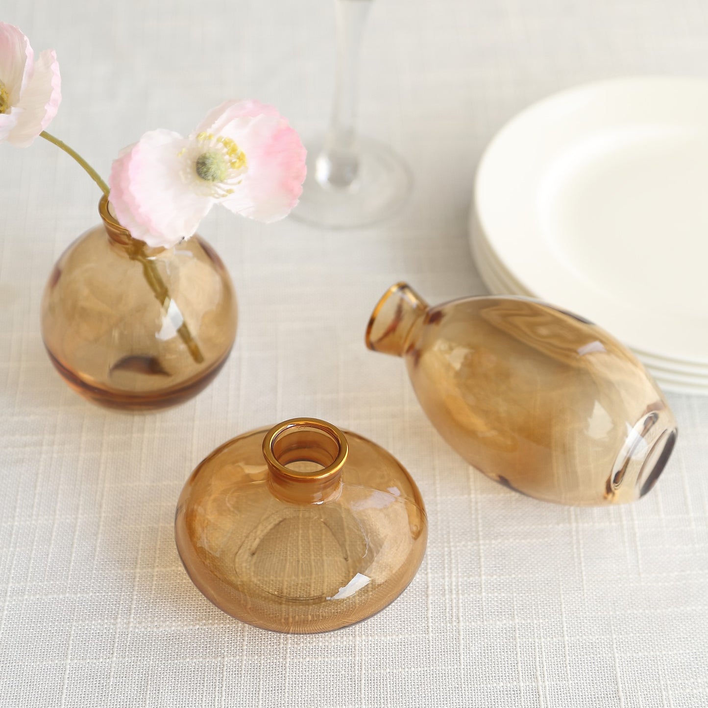 Set of 3 Small Gold Glass Flower Vases With Metallic Gold Rim, Modern Bud Vase Table Centerpieces - Assorted Sizes