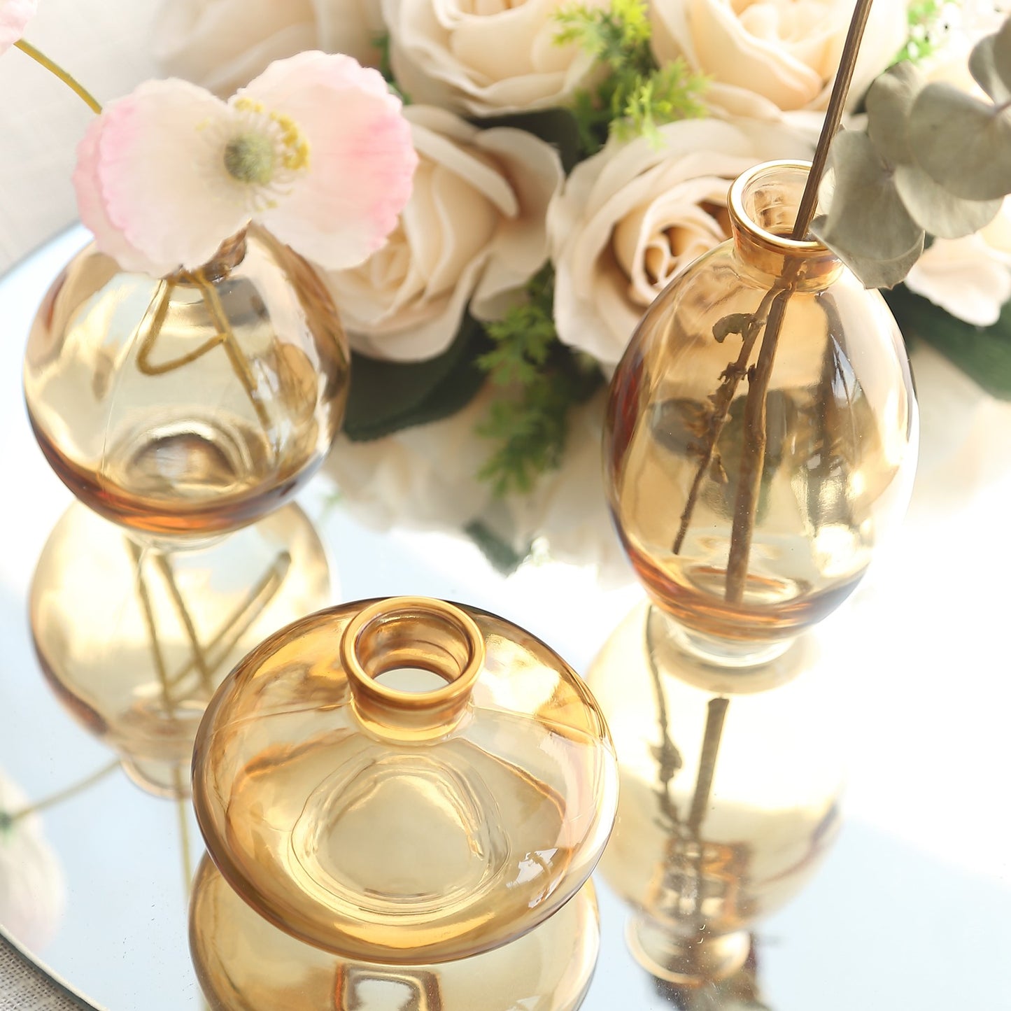 Set of 3 Small Gold Glass Flower Vases With Metallic Gold Rim, Modern Bud Vase Table Centerpieces - Assorted Sizes