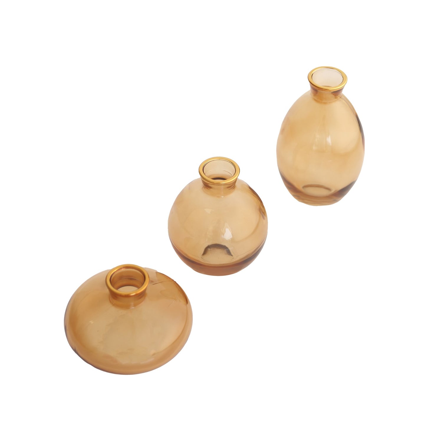 Set of 3 Small Gold Glass Flower Vases With Metallic Gold Rim, Modern Bud Vase Table Centerpieces - Assorted Sizes