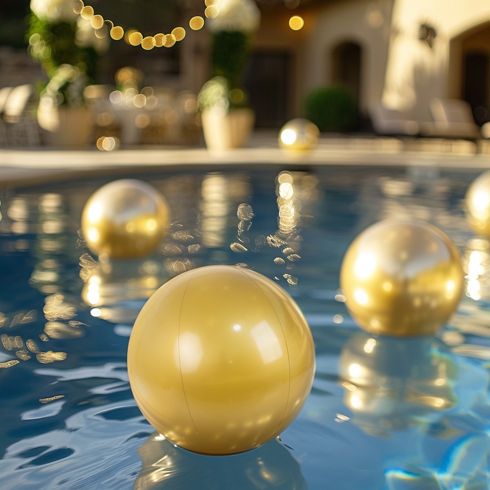 Gold inflatable decorative balls floating in a pool.