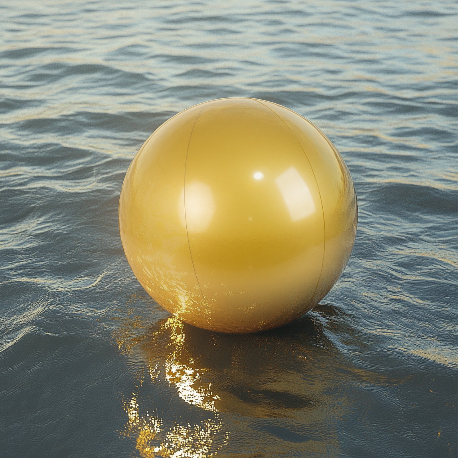 Gold inflatable decorative ball floating on water.