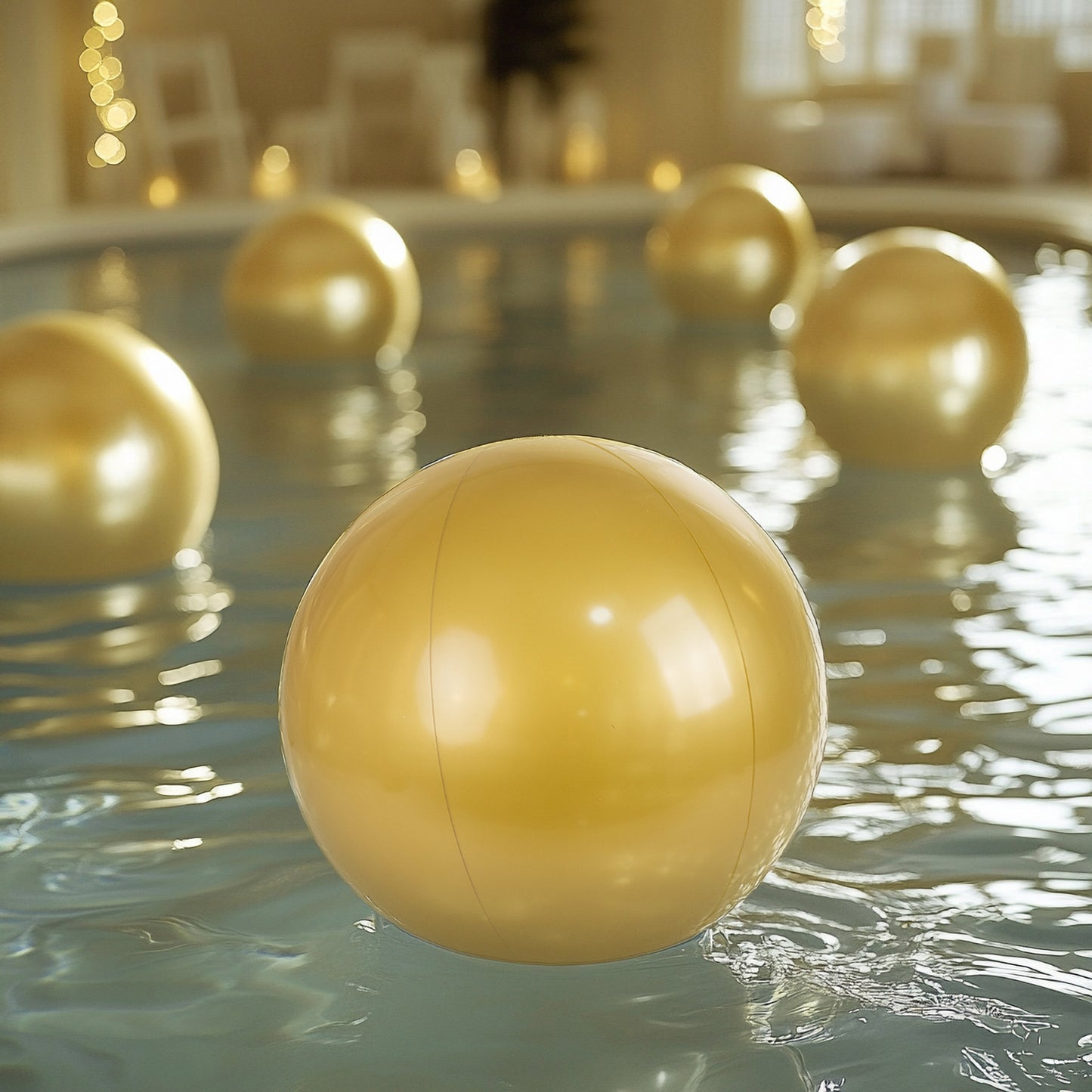Gold inflatable decorative balls in a pool setting.