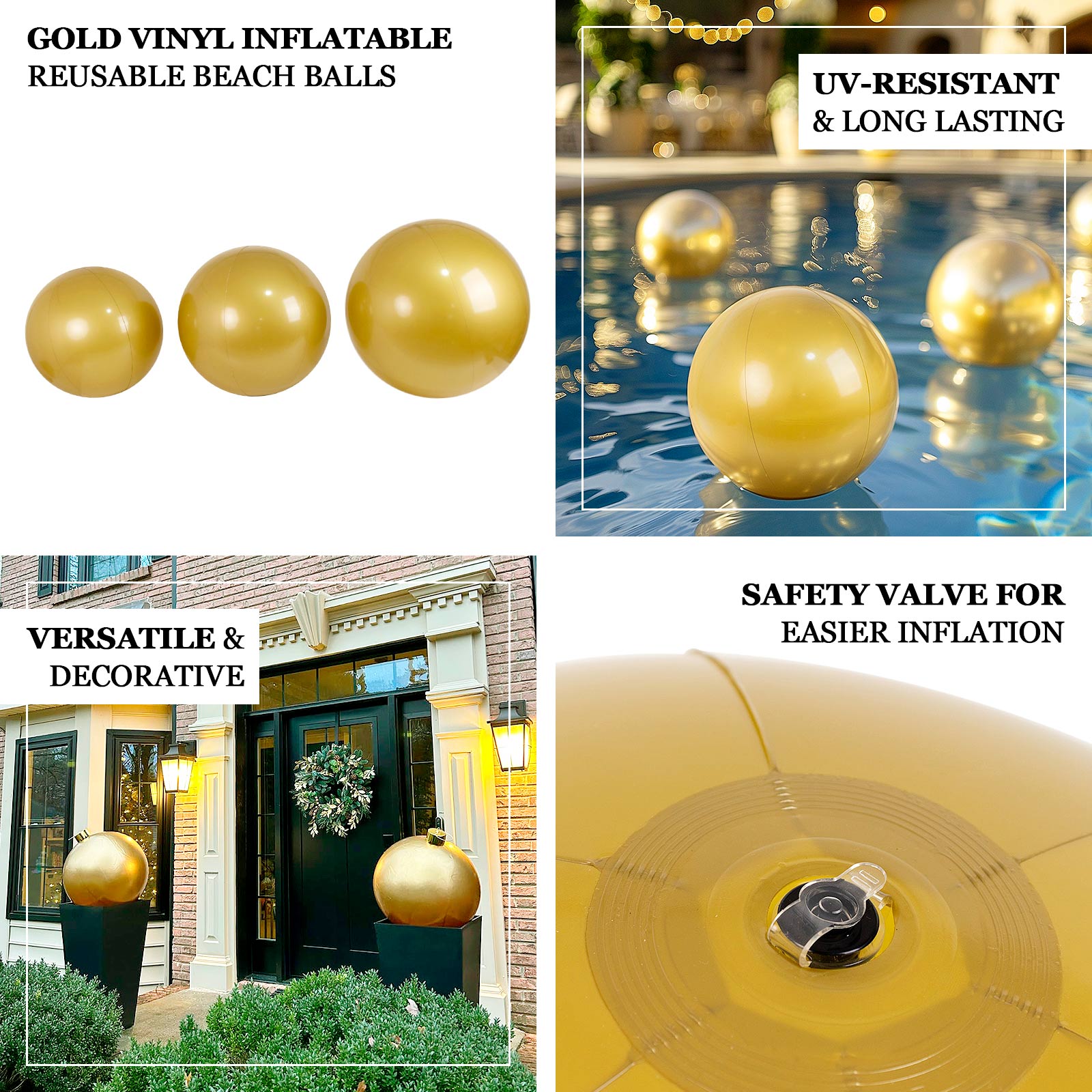 2 Pack Inflatable Gold Decorative Balls - Round Vinyl Pool and Party Balls, Lightweight & Fun
