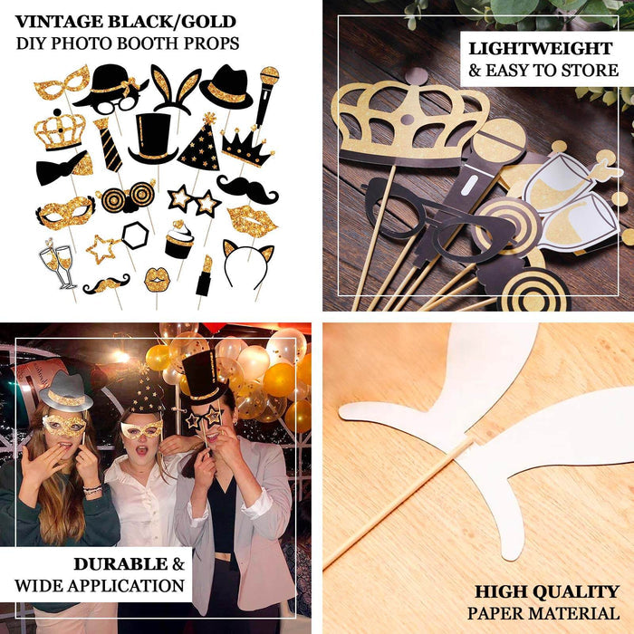 Vintage black and gold glitter photo booth props for fun parties.