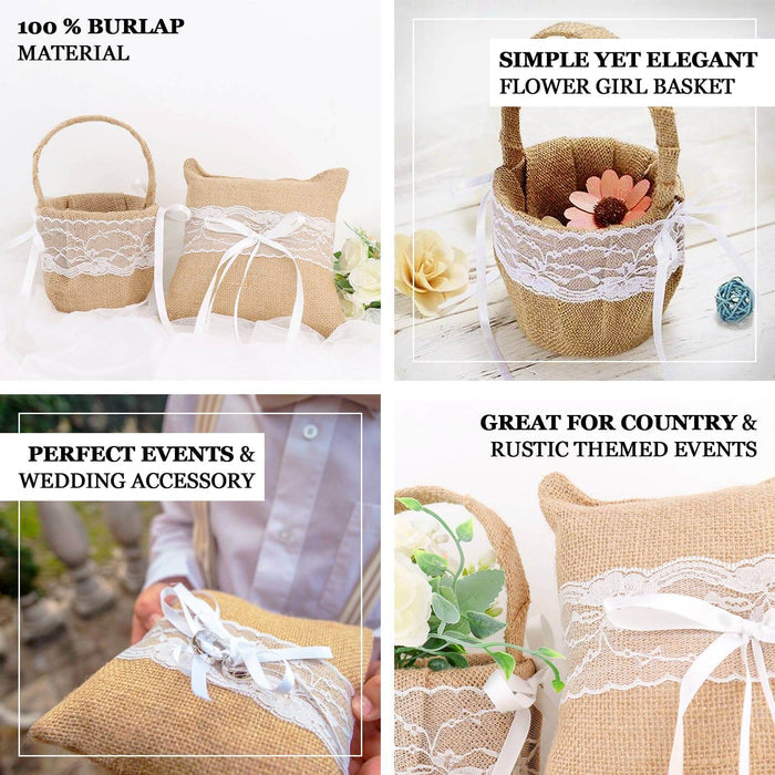 Natural burlap and lace flower girl basket and ring bearer pillow wedding set.