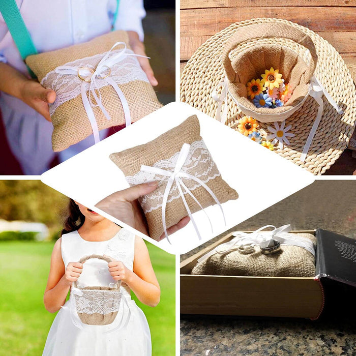 Natural burlap and lace flower girl basket and ring bearer pillow set.