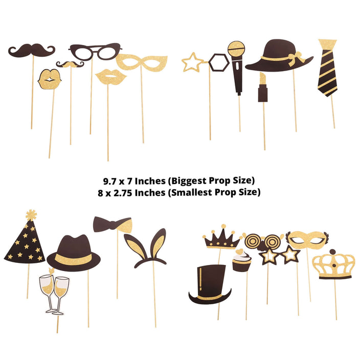 Vintage black and gold glitter party photo booth props for fun celebrations.