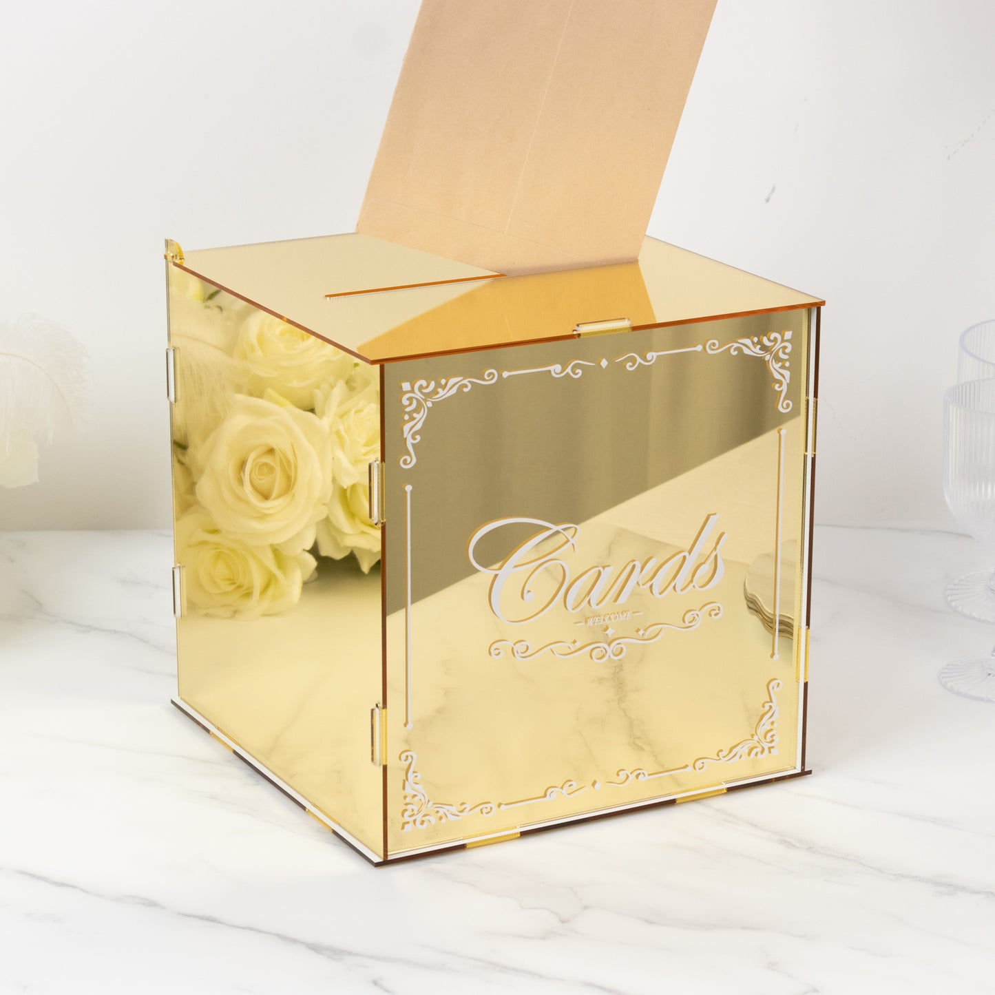 10" Gold Mirror Acrylic Wedding Card Box with Slot - Wishing Well Money Box for Reception, Graduation, and Events