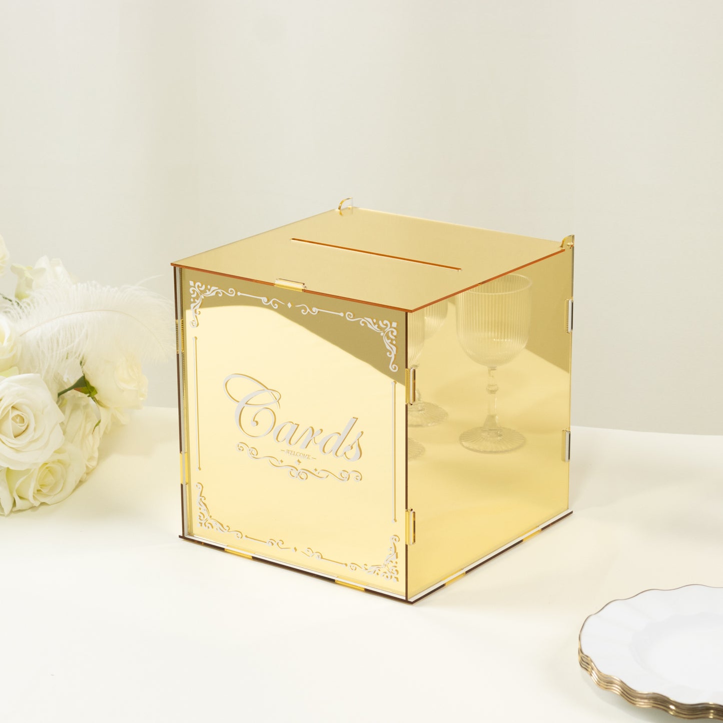 10" Gold Mirror Acrylic Wedding Card Box with Slot - Wishing Well Money Box for Reception, Graduation, and Events