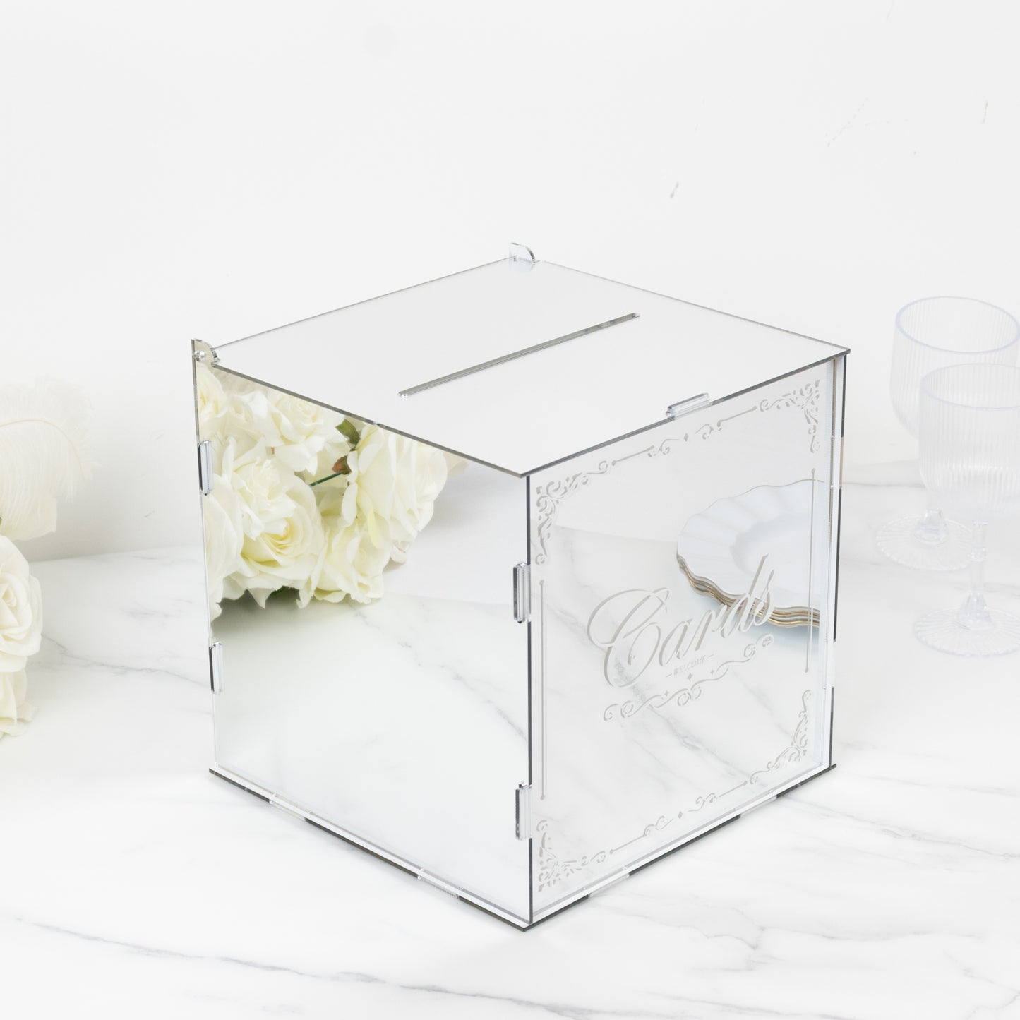 10" Silver Mirror Acrylic Wedding Card Box with Slot - Wishing Well Money Box for Reception, Graduation, and Events