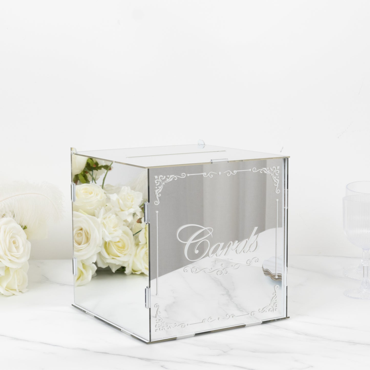 10" Silver Mirror Acrylic Wedding Card Box with Slot - Wishing Well Money Box for Reception, Graduation, and Events