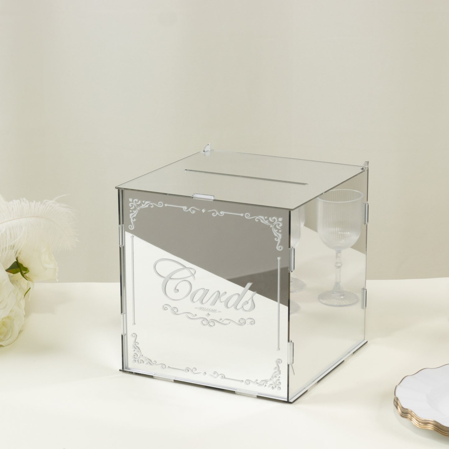 10" Silver Mirror Acrylic Wedding Card Box with Slot - Wishing Well Money Box for Reception, Graduation, and Events
