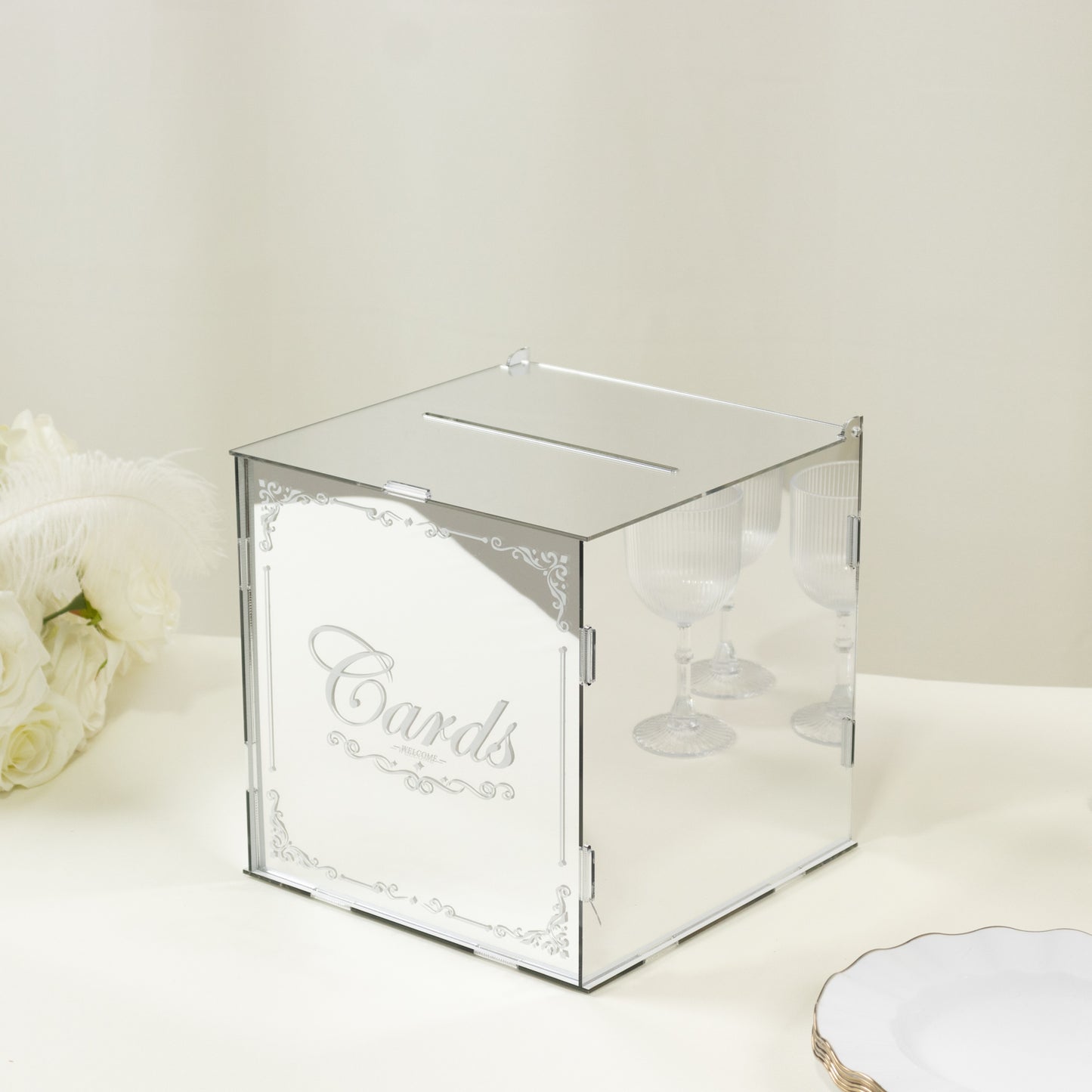 10" Silver Mirror Acrylic Wedding Card Box with Slot - Wishing Well Money Box for Reception, Graduation, and Events