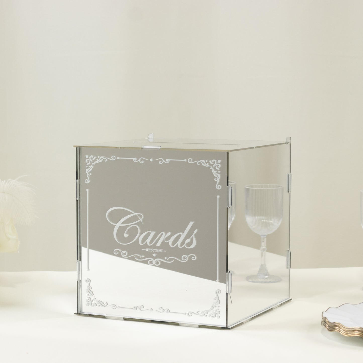 10" Silver Mirror Acrylic Wedding Card Box with Slot - Wishing Well Money Box for Reception, Graduation, and Events