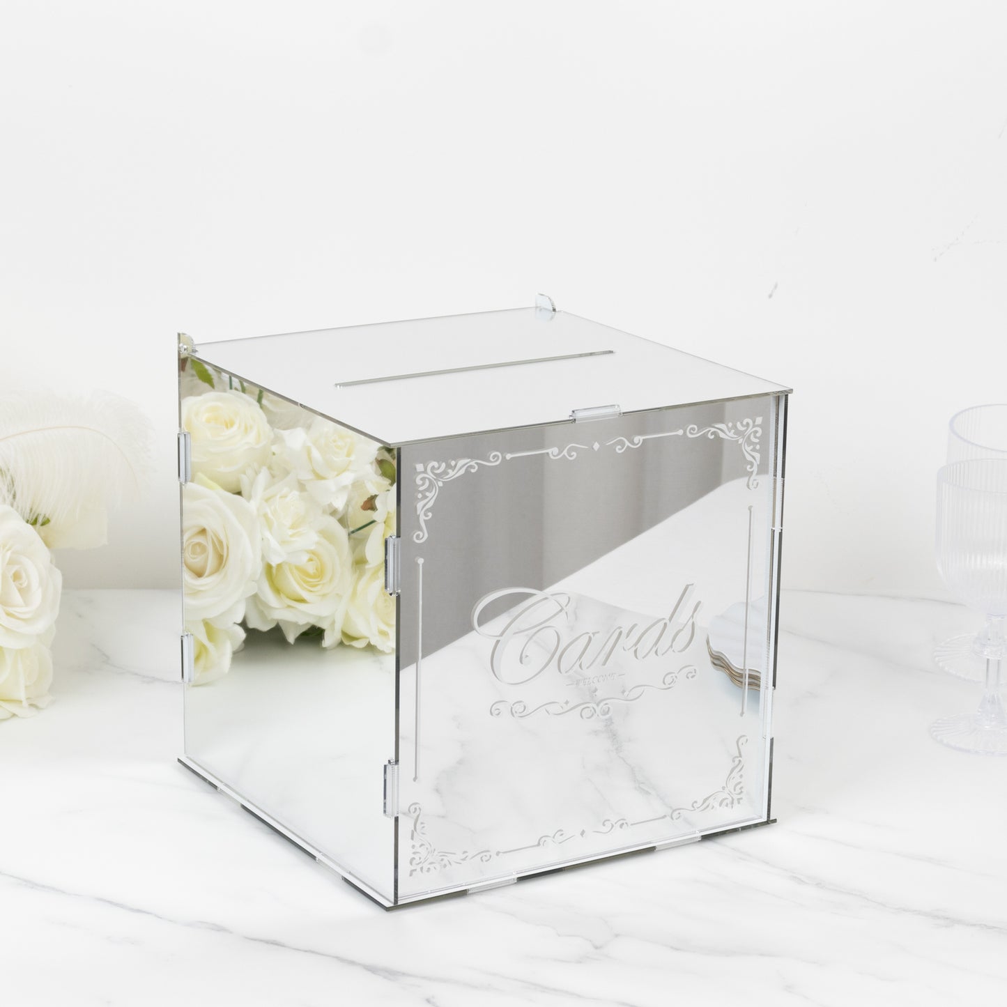 10" Silver Mirror Acrylic Wedding Card Box with Slot - Wishing Well Money Box for Reception, Graduation, and Events