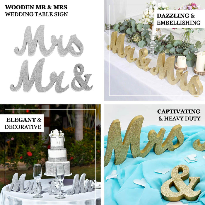 Silver glittered "Mr & Mrs" wooden photo props for rustic wedding table displays.