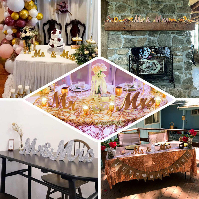 Silver glittered "Mr & Mrs" wooden photo props for rustic glam wedding displays.
