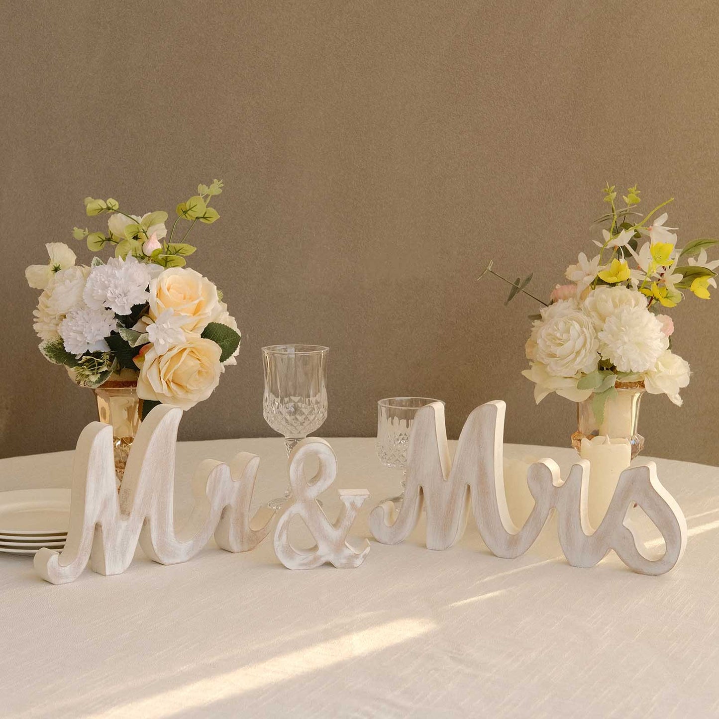 Whitewashed Rustic Wooden "Mr & Mrs" Wedding Table Display Signs, Farmhouse Chic Freestanding Letter Photo Props