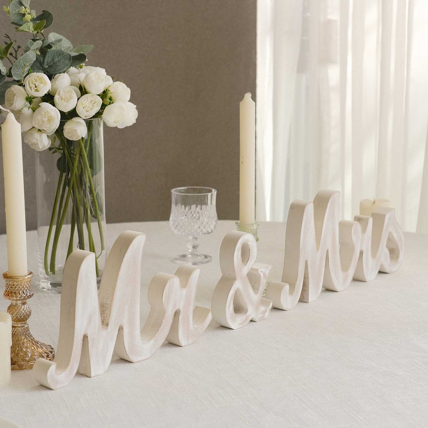 Whitewashed Rustic Wooden "Mr & Mrs" Wedding Table Display Signs, Farmhouse Chic Freestanding Letter Photo Props