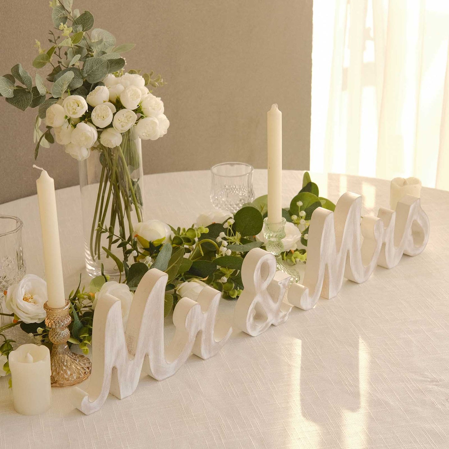 Whitewashed Rustic Wooden "Mr & Mrs" Wedding Table Display Signs, Farmhouse Chic Freestanding Letter Photo Props