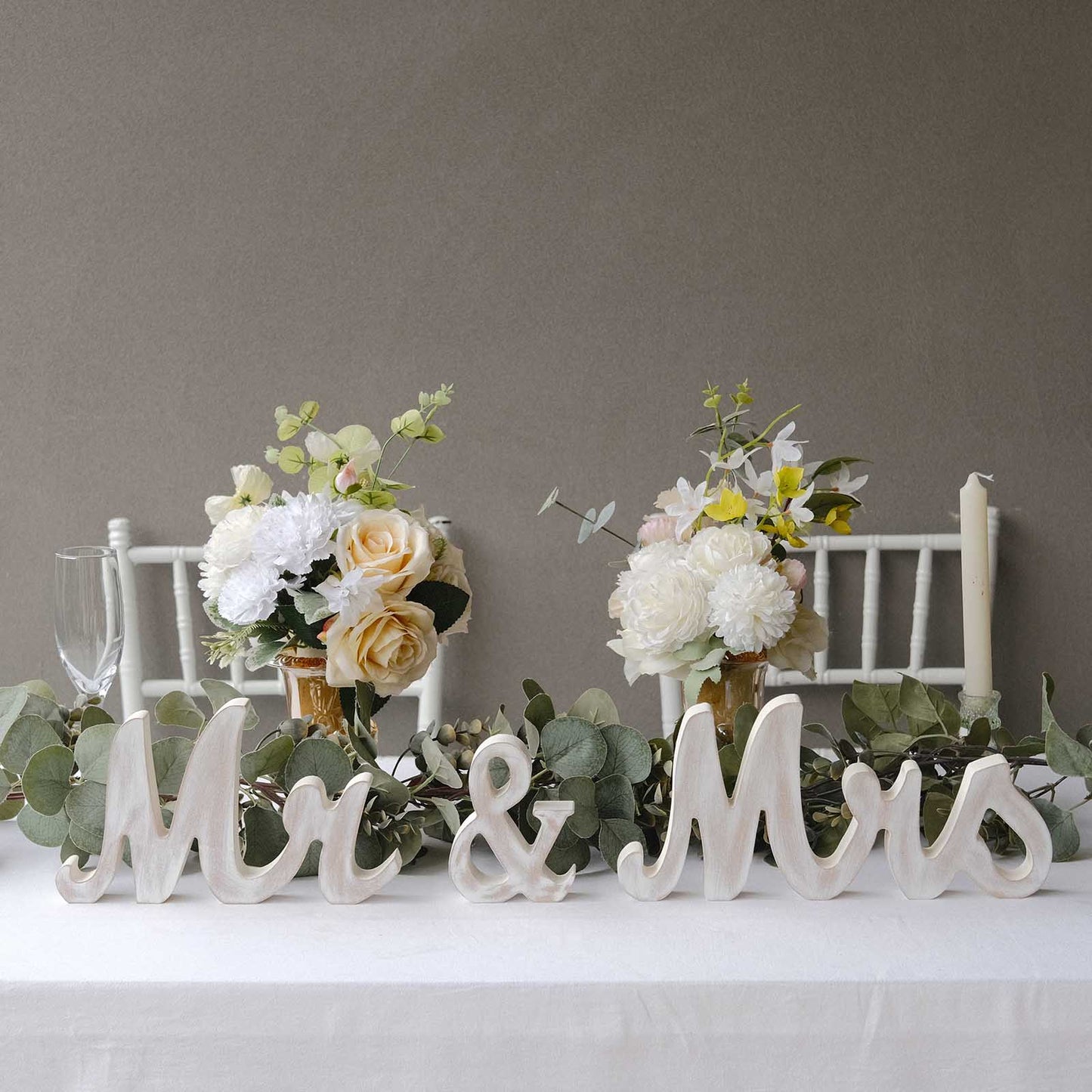 Whitewashed Rustic Wooden "Mr & Mrs" Wedding Table Display Signs, Farmhouse Chic Freestanding Letter Photo Props