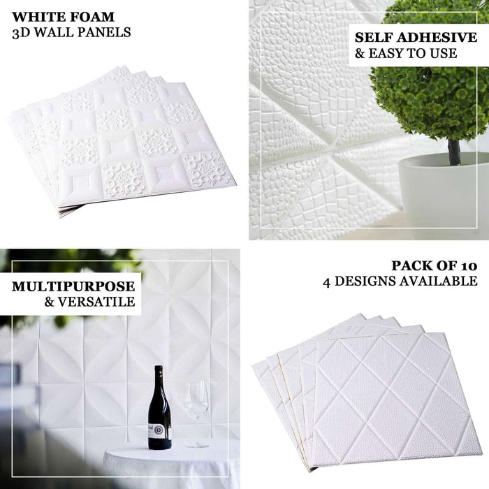 10 Pack of 3D White Foam Self-Adhesive Wall Panels - Diamond Design