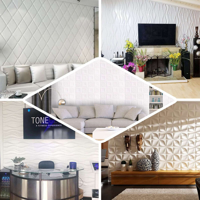 White 3D foam self-adhesive wall panels with a diamond design.