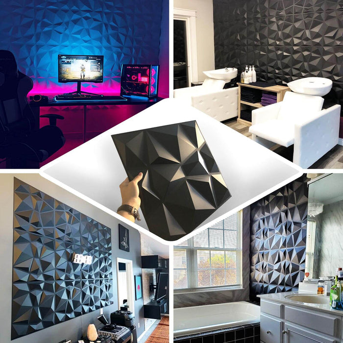 Matte black 3D diamond textured stick-on wall panels in various settings.