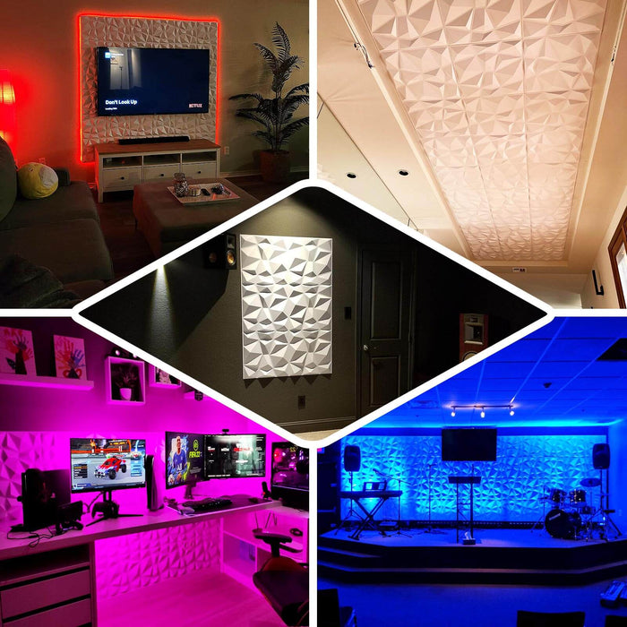 Matte white 3D diamond textured wall panels in various lighting settings.