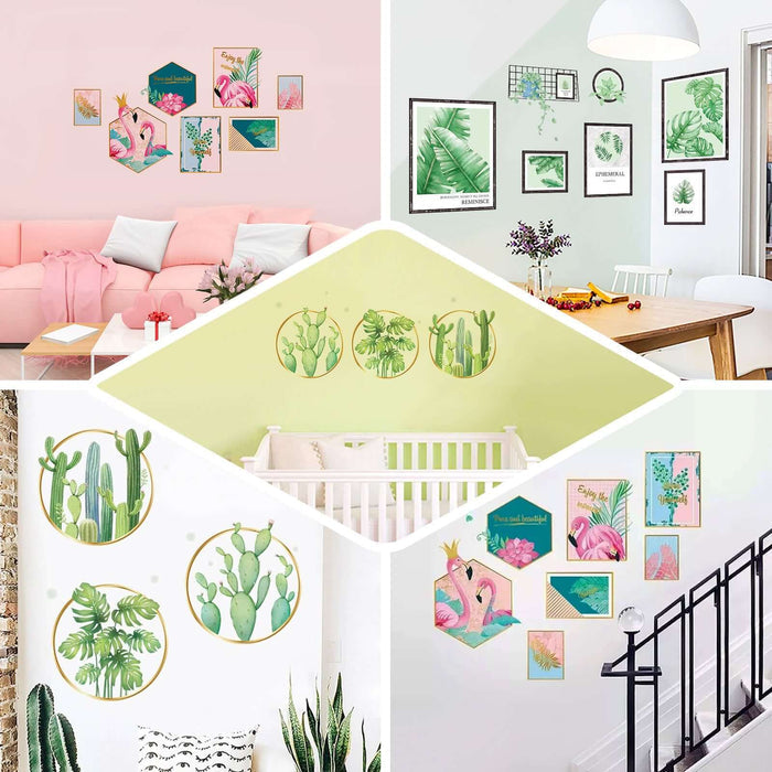 Green Tropical Palm Leaves and Flamingo Flat Frame Wall Decals, Decor Stickers