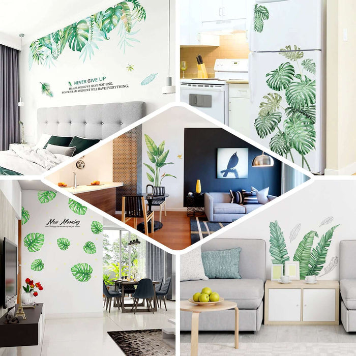 Green tropical assorted hanging leaves wall decals for home decor.