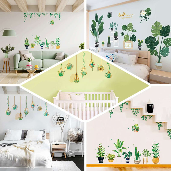 Green Tropical Potted Plants/Planters with Hanging Leaves Wall Decals, Peel and Stick Decor Stickers