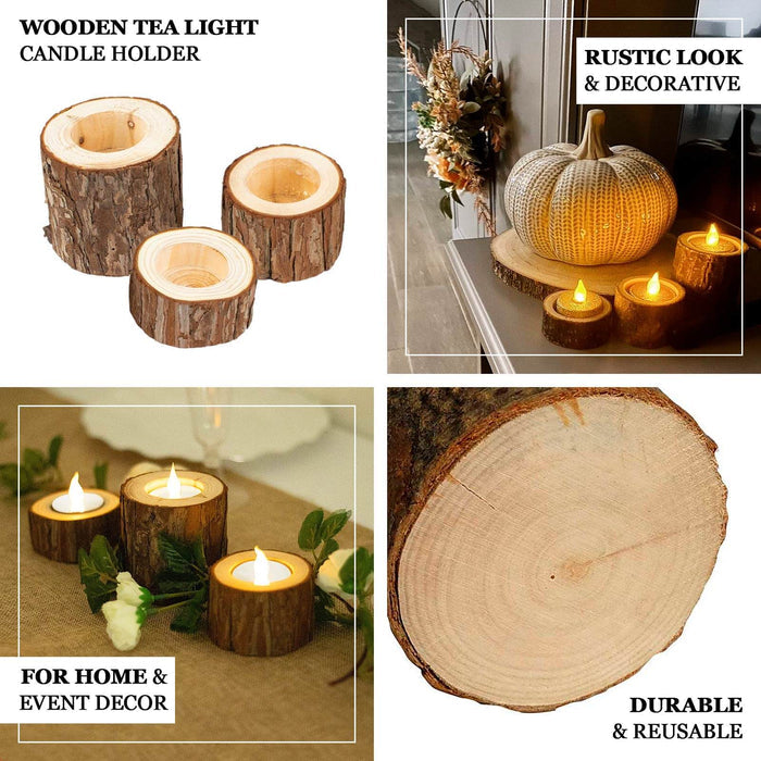 Rustic wood slice tealight candle holders for farmhouse décor.