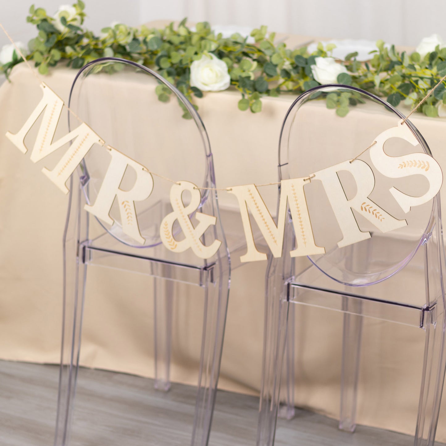 10ft Natural Pre-Strung Mr & Mrs Wooden Letter Banner with Botanical Design, Handmade Rustic Wedding Anniversary Garland