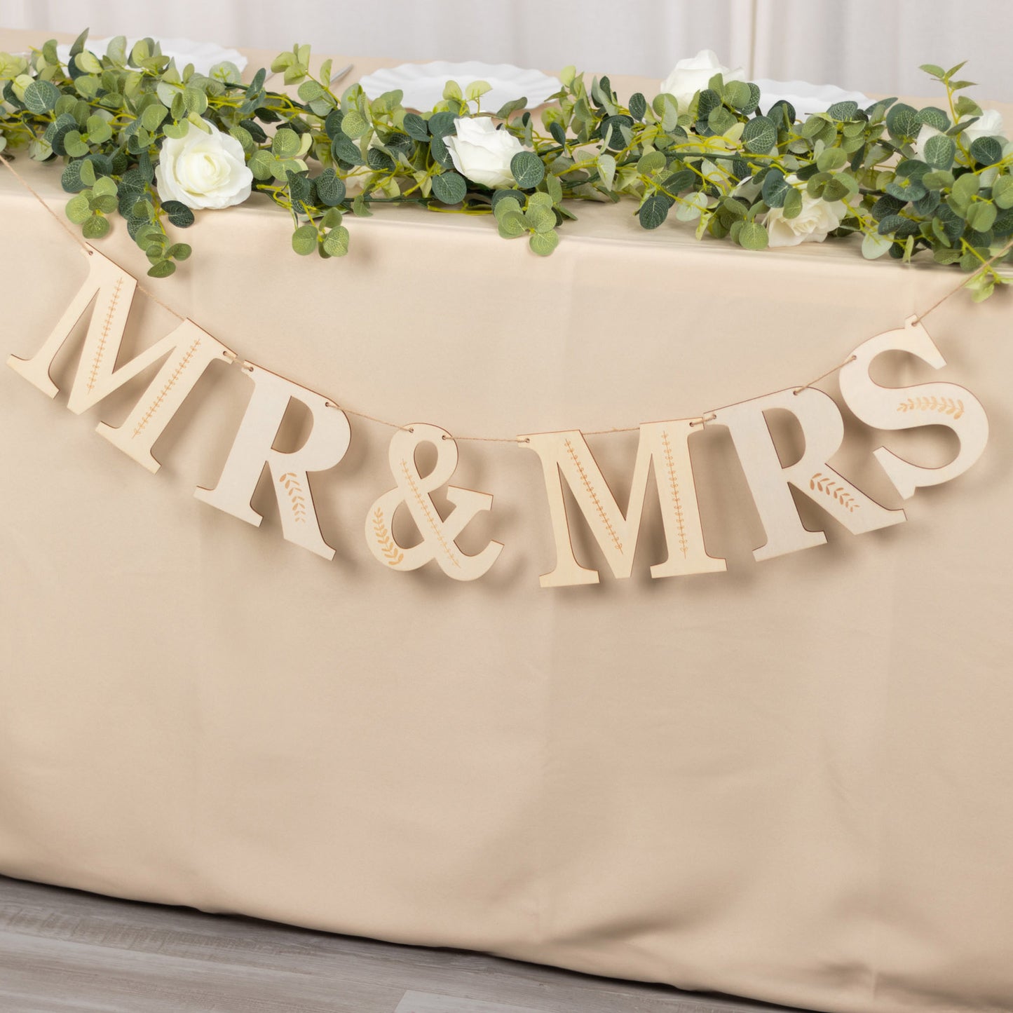 10ft Natural Pre-Strung Mr & Mrs Wooden Letter Banner with Botanical Design, Handmade Rustic Wedding Anniversary Garland