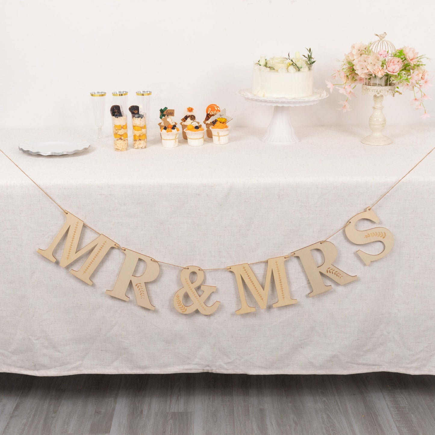 10ft Natural Pre-Strung Mr & Mrs Wooden Letter Banner with Botanical Design, Handmade Rustic Wedding Anniversary Garland